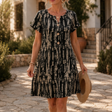 Solara – Printed A-Line Shift Dress with Short Sleeves & Buttons