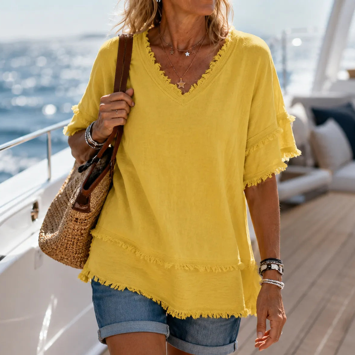 Solendra – Loose V-Neck Fringe Top for Women, Frayed Edge Summer Blouse