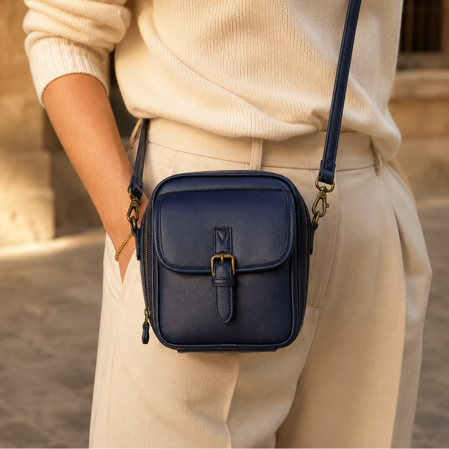 Solene – Structured PU crossbody bag with built-in wallet and glasses compartment