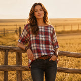 Wrenfield – Plaid Round Neck Blouse with Cuffed Sleeves