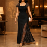 Soirée – Sequin Slit Maxi Dress with Convertible Square Neck