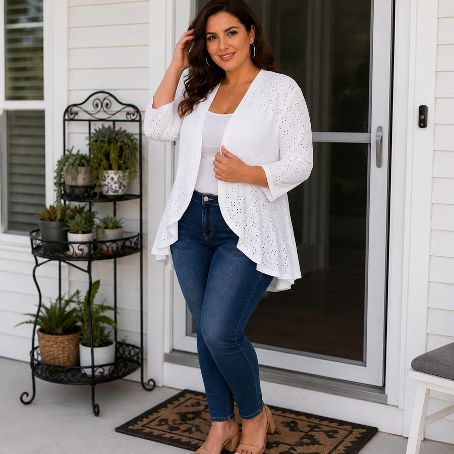 Veluna – Lightweight Eyelet Open-Front Cardigan for Women, 3/4 Sleeve Ruffle Hem Summer Layer