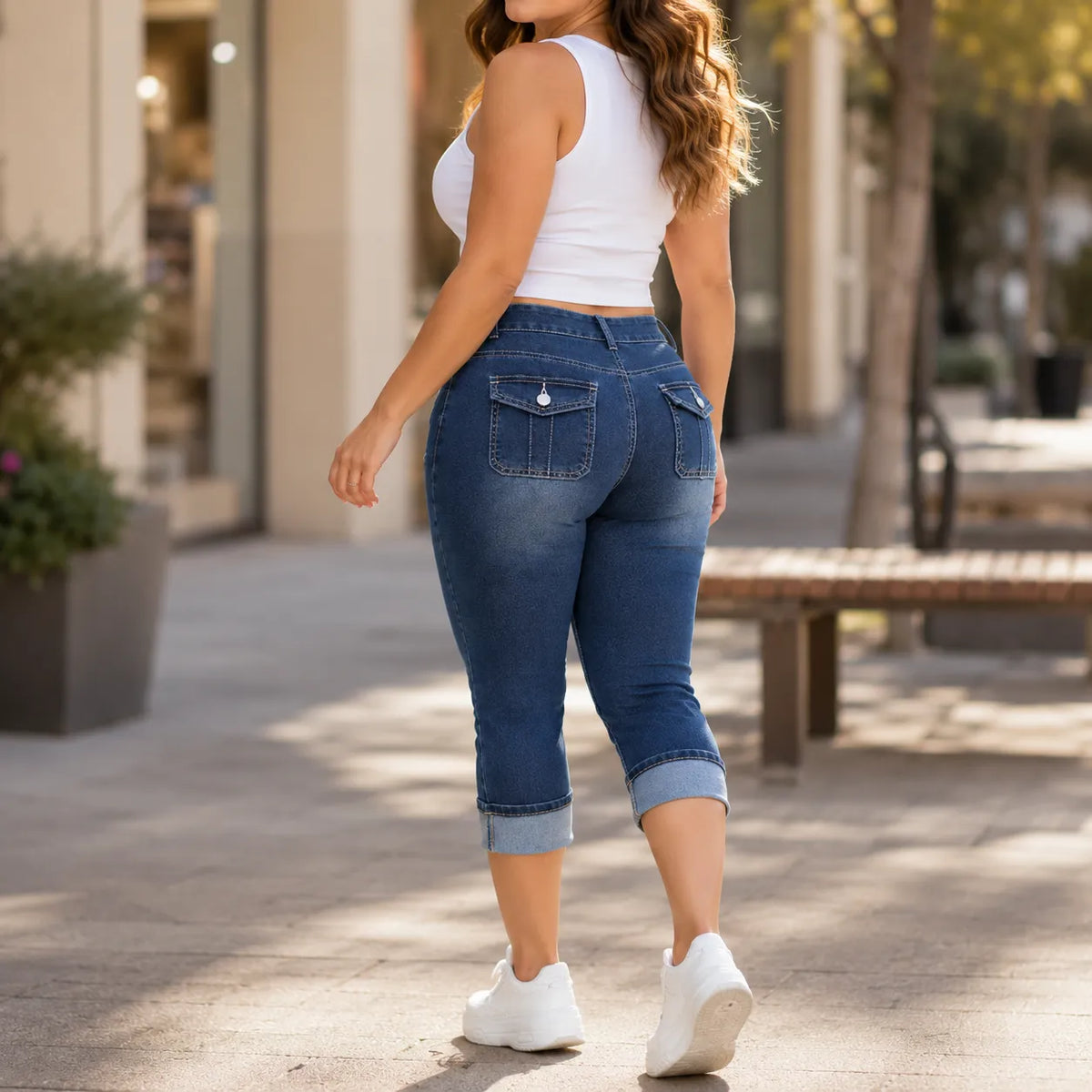 Curvella – Curvy Fit Stretch Denim-like Capri Jeans, Mid Rise Cuffed Hem