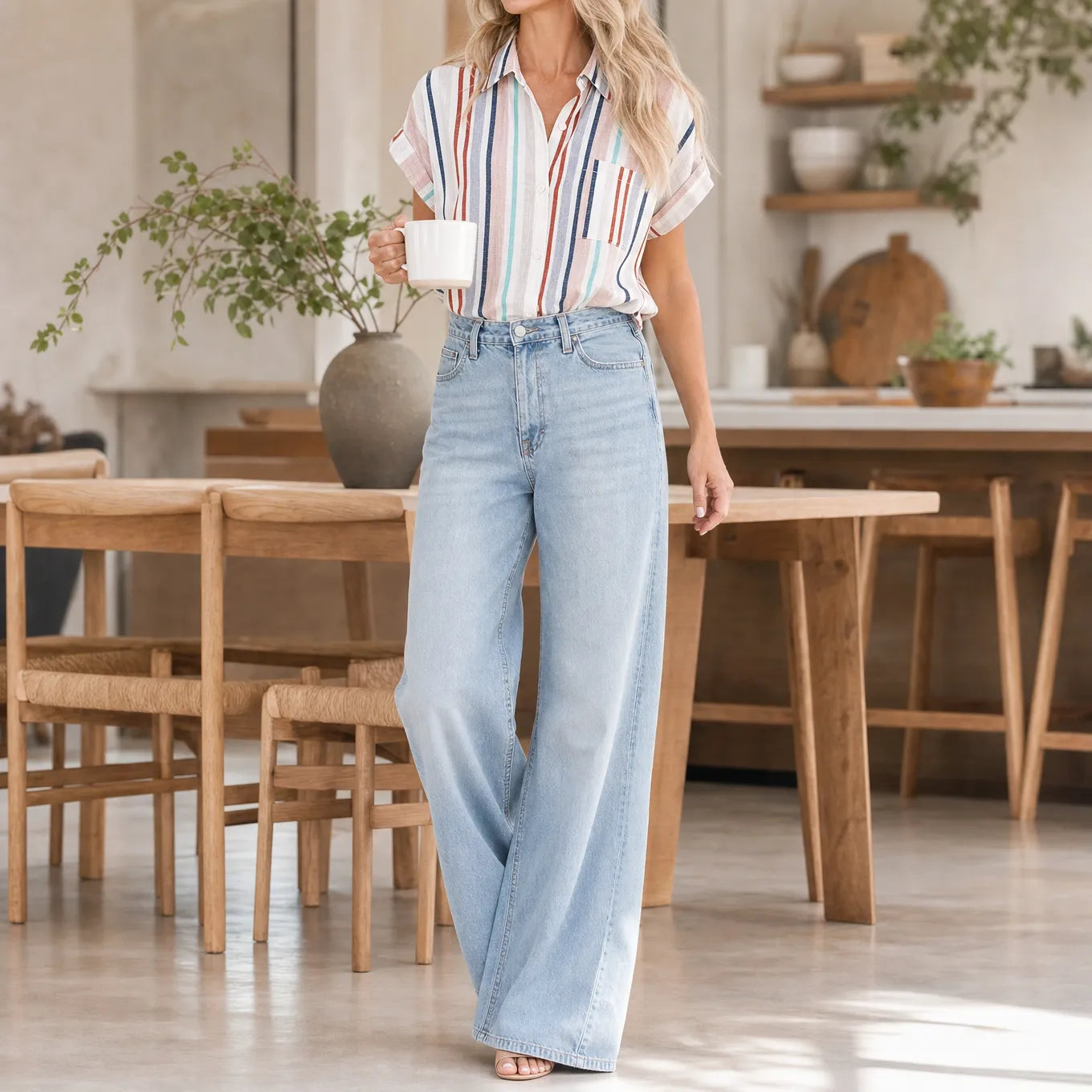 Sunlyn – Striped Short Sleeve Button Down Shirt, Relaxed Summer Blouse for Women