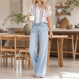 Sunlyn – Striped Short Sleeve Button Down Shirt, Relaxed Summer Blouse for Women