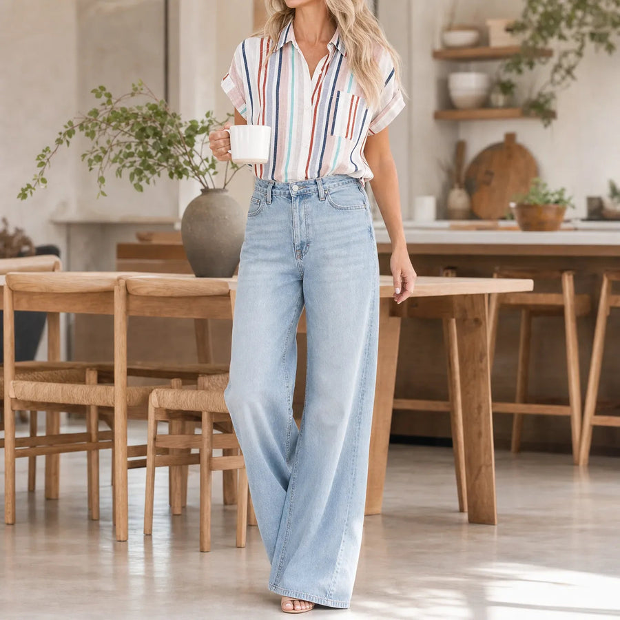 Sunlyn – Striped Short Sleeve Button Down Shirt, Relaxed Summer Blouse for Women