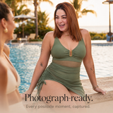 Soliva – Ruched Mesh Waist One Piece Swimsuit with Built-in Skirt