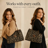 Florella – Woven Leopard Print Tote Bag with Leather Trim and Gold Chain