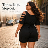 Curvella – Cold-Shoulder Belted Romper with Tie Waist & Pockets