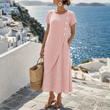 Sumlor – Asymmetric Button Midi Dress with Pockets for Summer