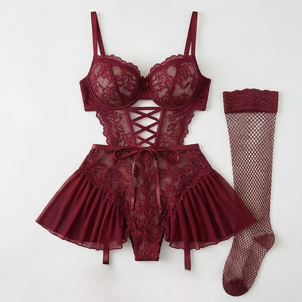 Nocturra – Women's Lace Corset Nightgown Set with Fishnet Stockings