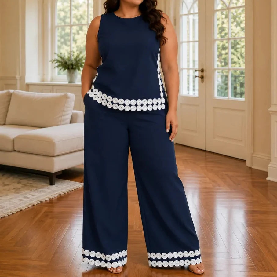 Marovée – Sleeveless Top & Wide Leg Pants Set with Crochet-like Trim Details