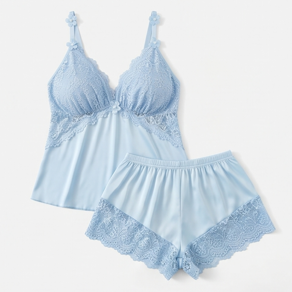 Lunessa – Lace Trim Satin Pajama Set