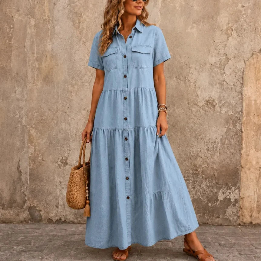 Marielle – Tiered Button-Front Denim-like Maxi Dress with Pockets
