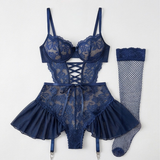 Nocturra – Women's Lace Corset Nightgown Set with Fishnet Stockings