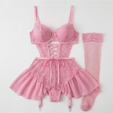 Nocturra – Women's Lace Corset Nightgown Set with Fishnet Stockings