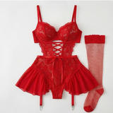 Nocturra – Women's Lace Corset Nightgown Set with Fishnet Stockings