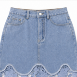 Florenza – Floral lace hem high waist denim maxi skirt with pockets