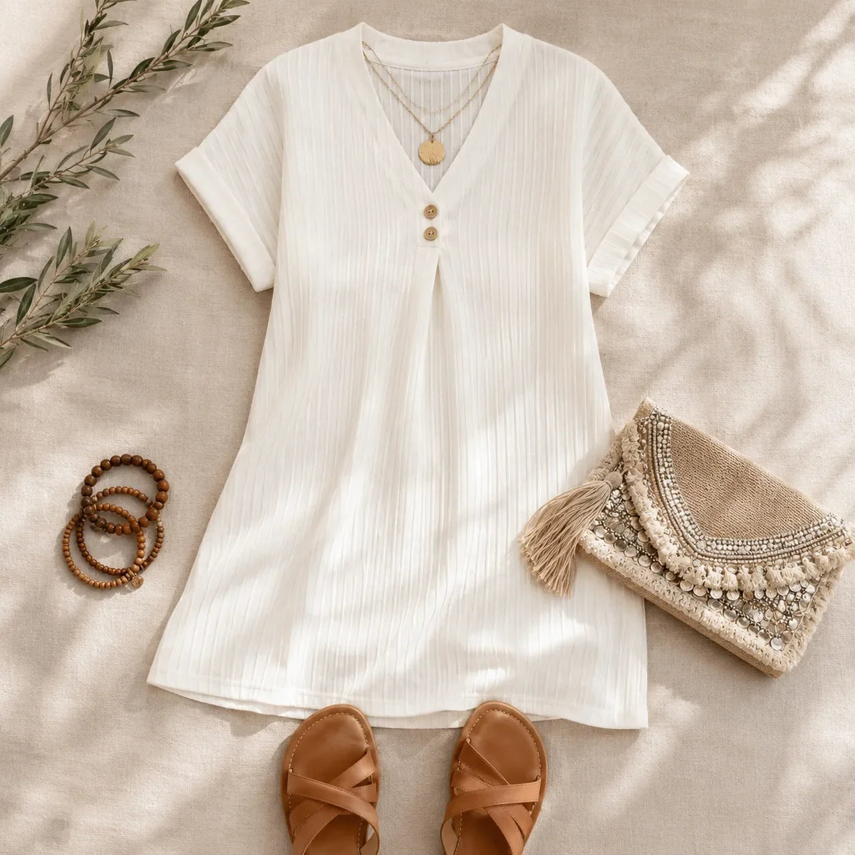 Linora – Ribbed V-Neck Shift Dress with Rolled Short Sleeves