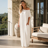 Solenne – Off-Shoulder Drape Maxi Dress with Side Pockets, Soft Viscose Throw-On Summer Dress