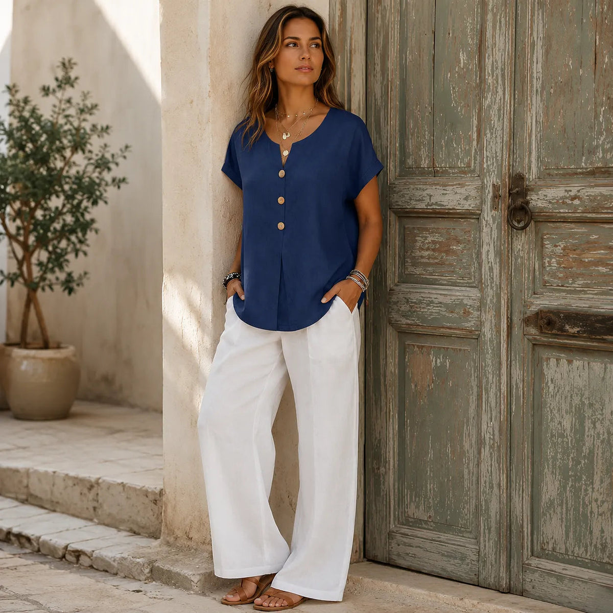 Solene – Relaxed V-Neck Blouse with Wood-like Buttons for Women