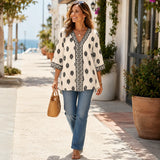 Verona – Boho Damask Print V-Neck Tunic Blouse with Bell Sleeves for Women