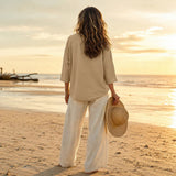 Sereva – Women's Relaxed V-Neck Linnen Blouse with Three-Quarter Sleeves and Curved Hem