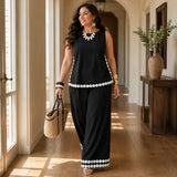 Marovée – Sleeveless Top & Wide Leg Pants Set with Crochet-like Trim Details