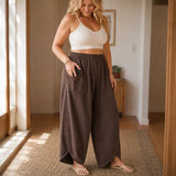Lounella – Wide Leg Harem Pants with Elastic Waist and Deep Pockets