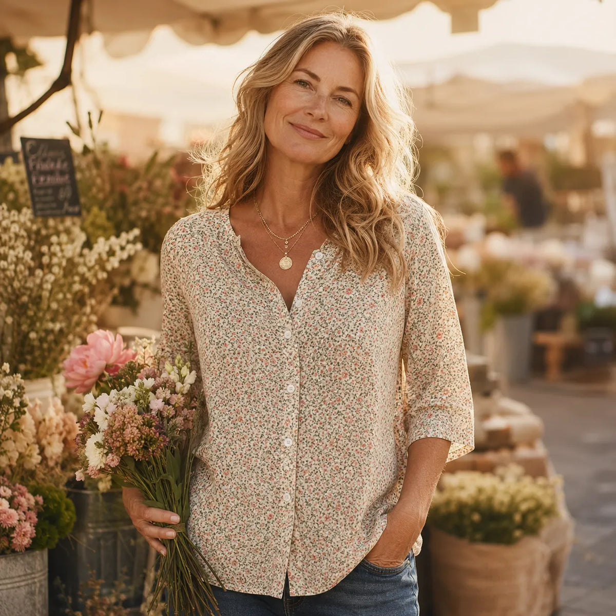 Florenne – Ditsy Floral Blouse with Buttons and 3/4 Sleeves