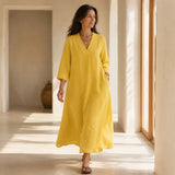 Lunara – Linen-Look V-Neck A-Line Maxi Dress with Pockets