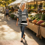 Vivelle – Long V-Neck Tunic Blouse with Pockets, Bold Print, 3/4 Sleeve