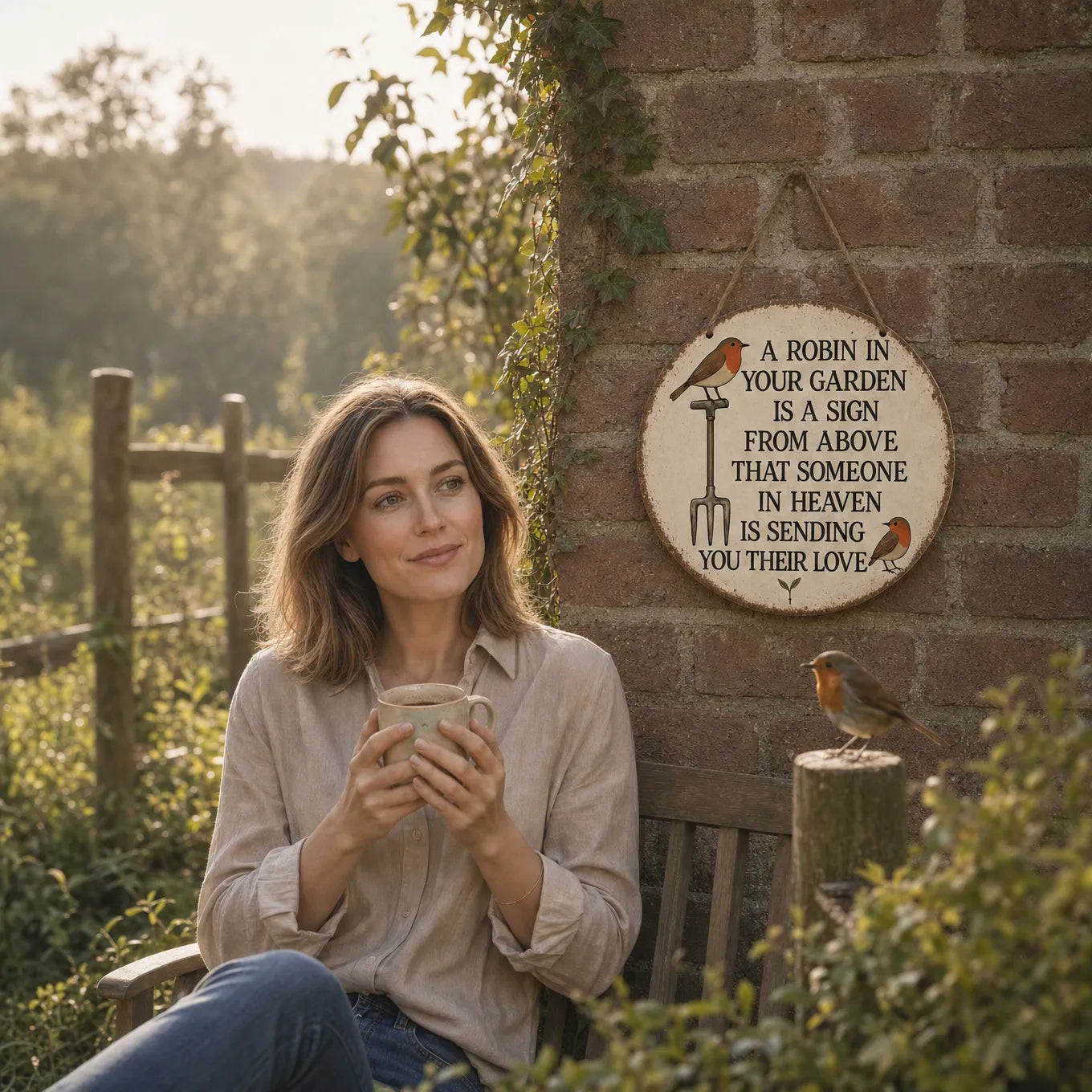 Rosethorne – Vintage Robin Memorial Garden Sign, Round Plaque with Robin Verse