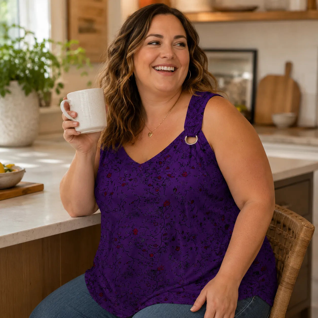 Wearlora – Plus Size Floral Swing Tank Top with O-Ring Straps