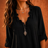 Soléra – Boho Ruffle V-Neck Maxi Dress with Roll-Up Sleeves