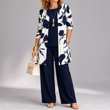 Evania – Women's Navy Botanical 3 Piece Outfit Set with Longline Cardigan