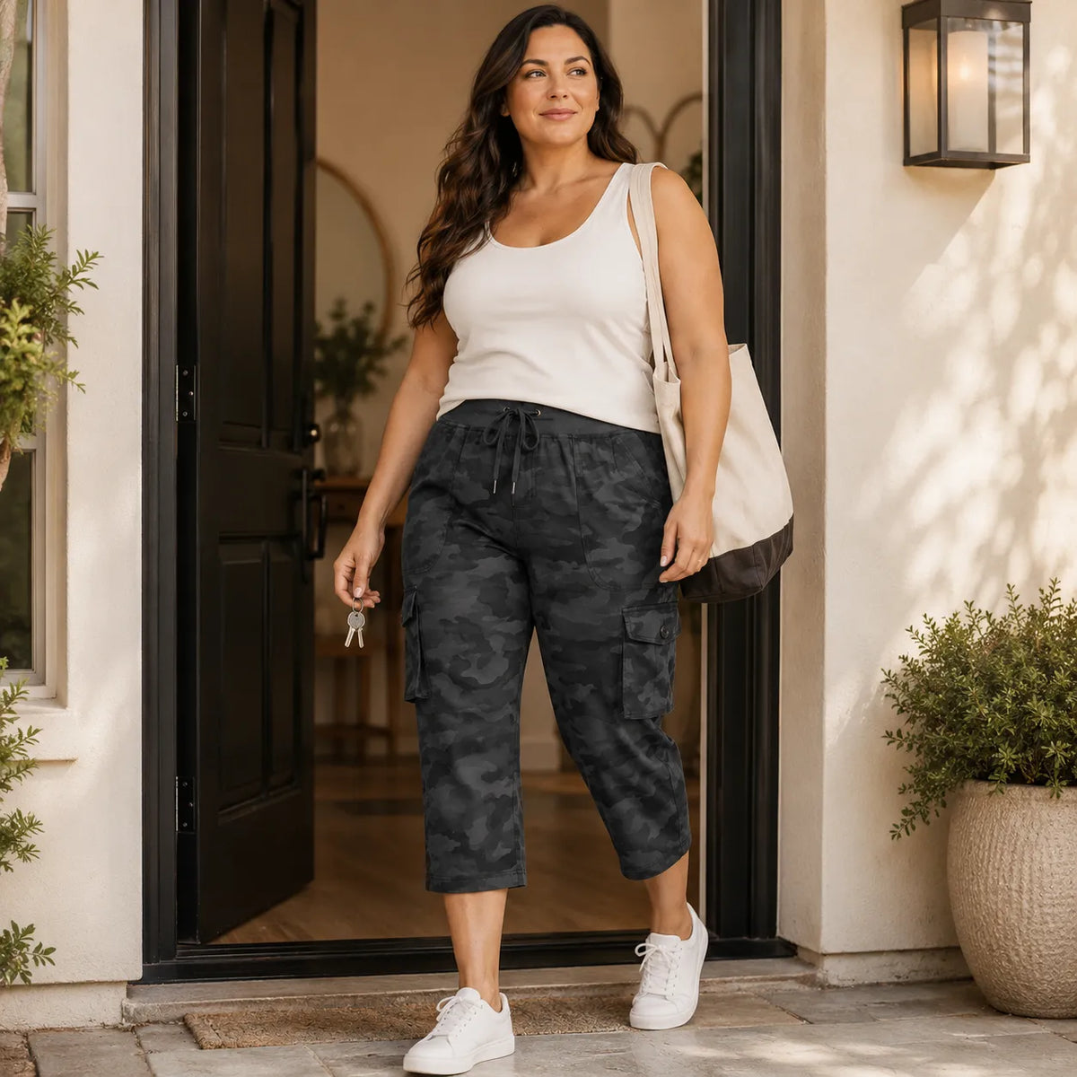 Wearwell – Stretchy Cargo Capris with Drawstring Waist and Multiple Pockets