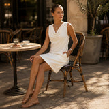 Solenne – Cowl Neck Mini Dress with Pockets, Slim Fit Sleeveless Shift