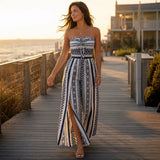 Solvana – Strapless Geometric Print Jumpsuit with Wide-Leg Slit Pants