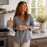 Linvie – Loose V-Neck Linen-Look Blouse with Three-Quarter Sleeves