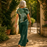 Marovelle – Marble Print Knot-Front Top and Wide-Leg Pants Set