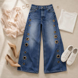 Velmora – Wide Leg Jeans with Brass Grommet Side Detail, High Rise