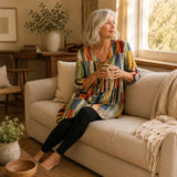 Vivelle – Long V-Neck Tunic Blouse with Pockets, Bold Print, 3/4 Sleeve
