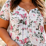 Florenza – Women's Floral Pleated Henley Tunic Top, Flowy Short Sleeve V-Neck Button Up Shirt for Jeans