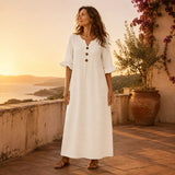 Marellia – Flowy Linen-Look V-Neck Maxi Dress with Pockets