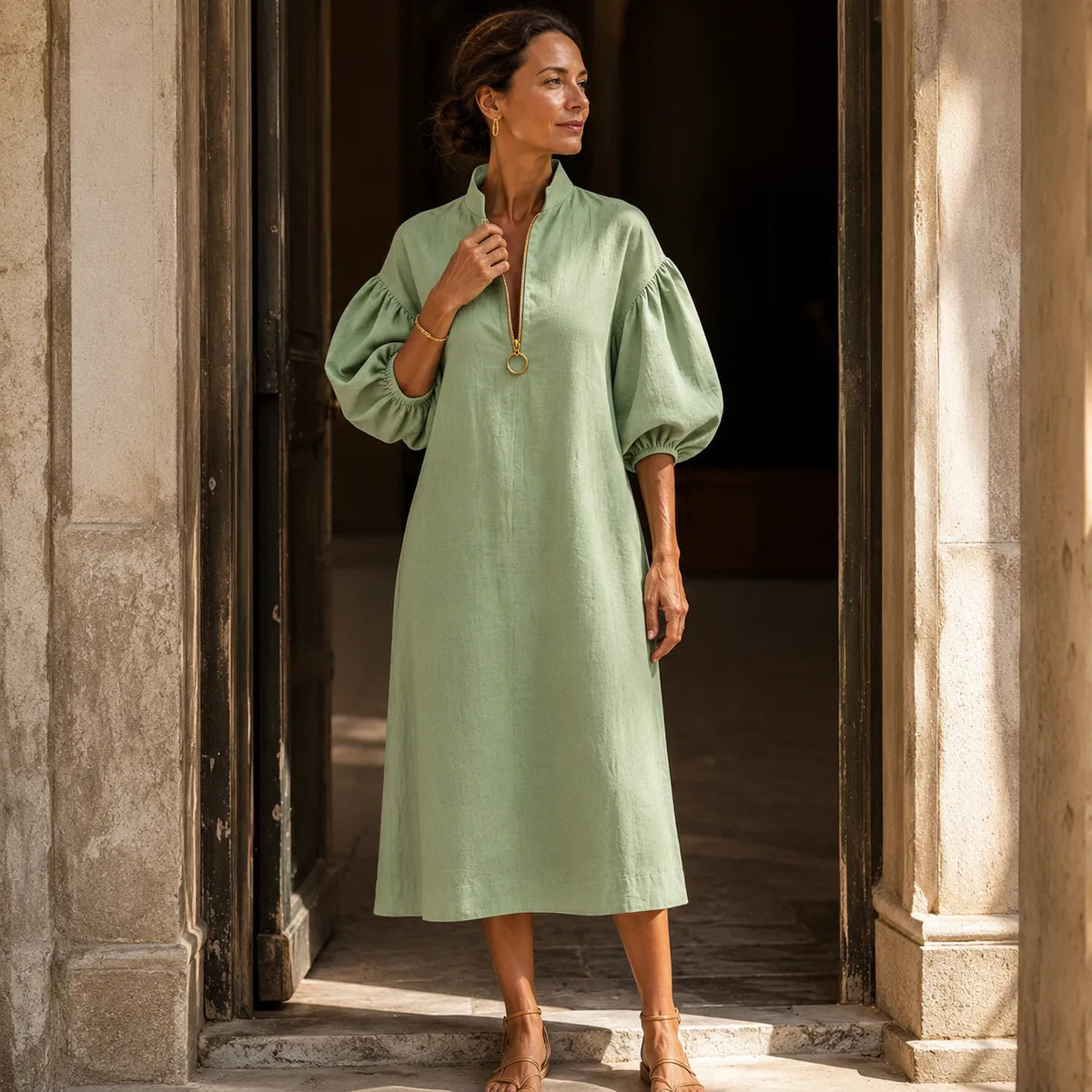 Solvana – Half-Zip Puff Sleeve Loose Midi Dress with Pockets