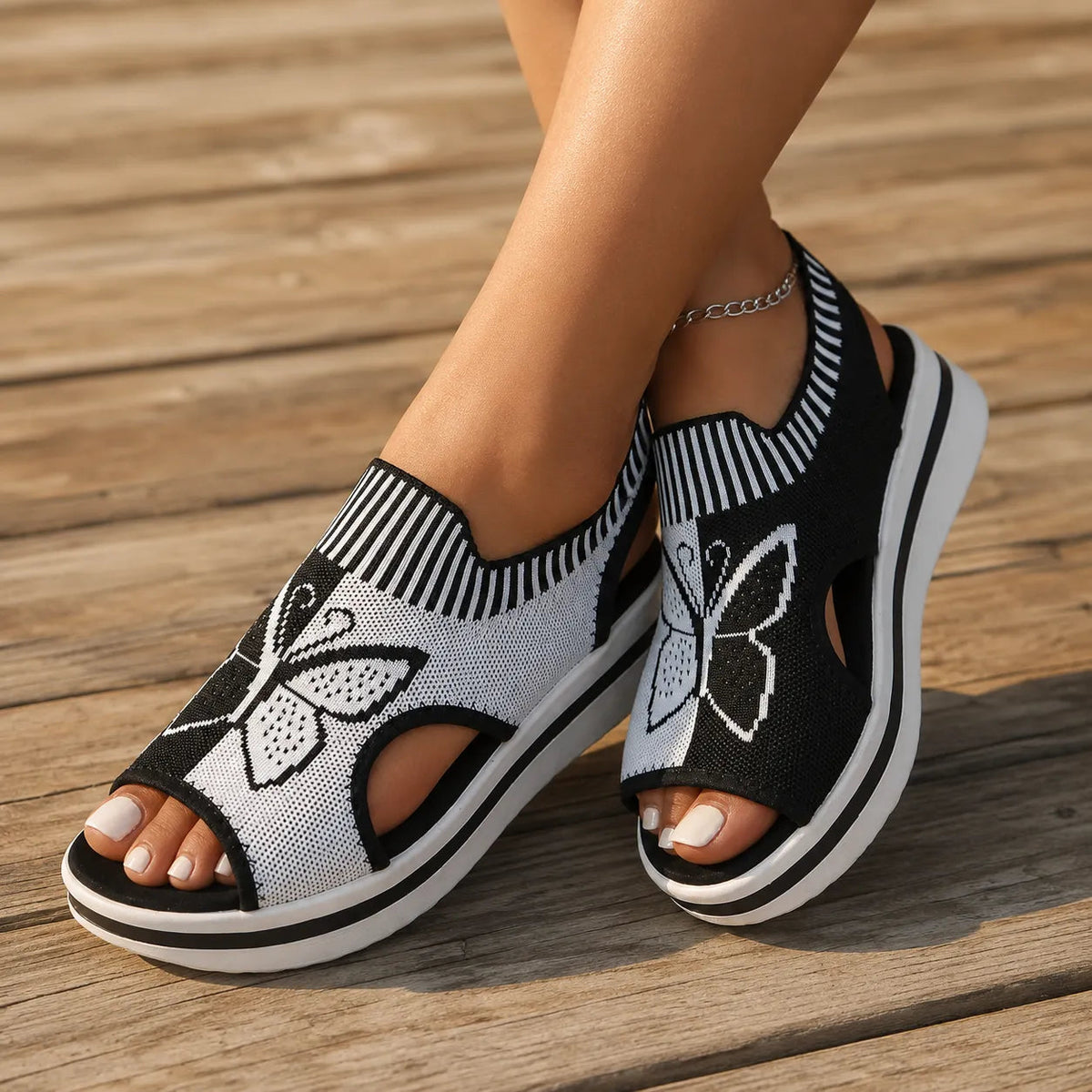 Sockela – Butterfly Knit Platform Peep Toe Sandals for Women