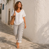 Marena – Striped Side-Button Cropped Summer Pants for Women