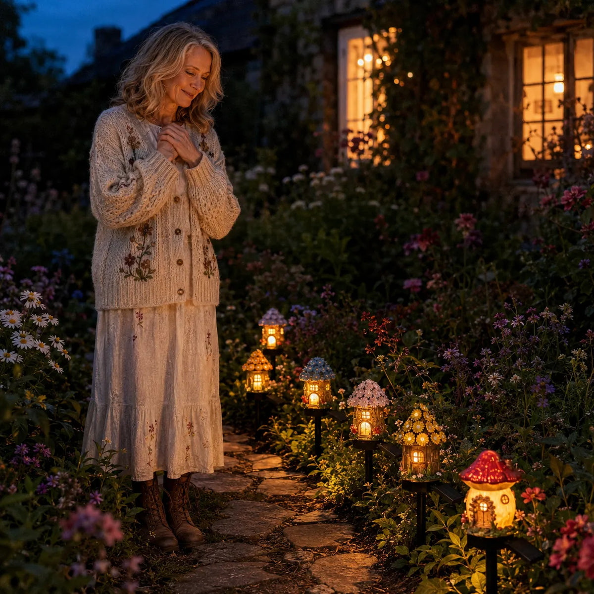 Lunavia – Solar Fairy Cottage Garden Stake Light, Hand-Sculpted Resin, Auto-On Warm LED
