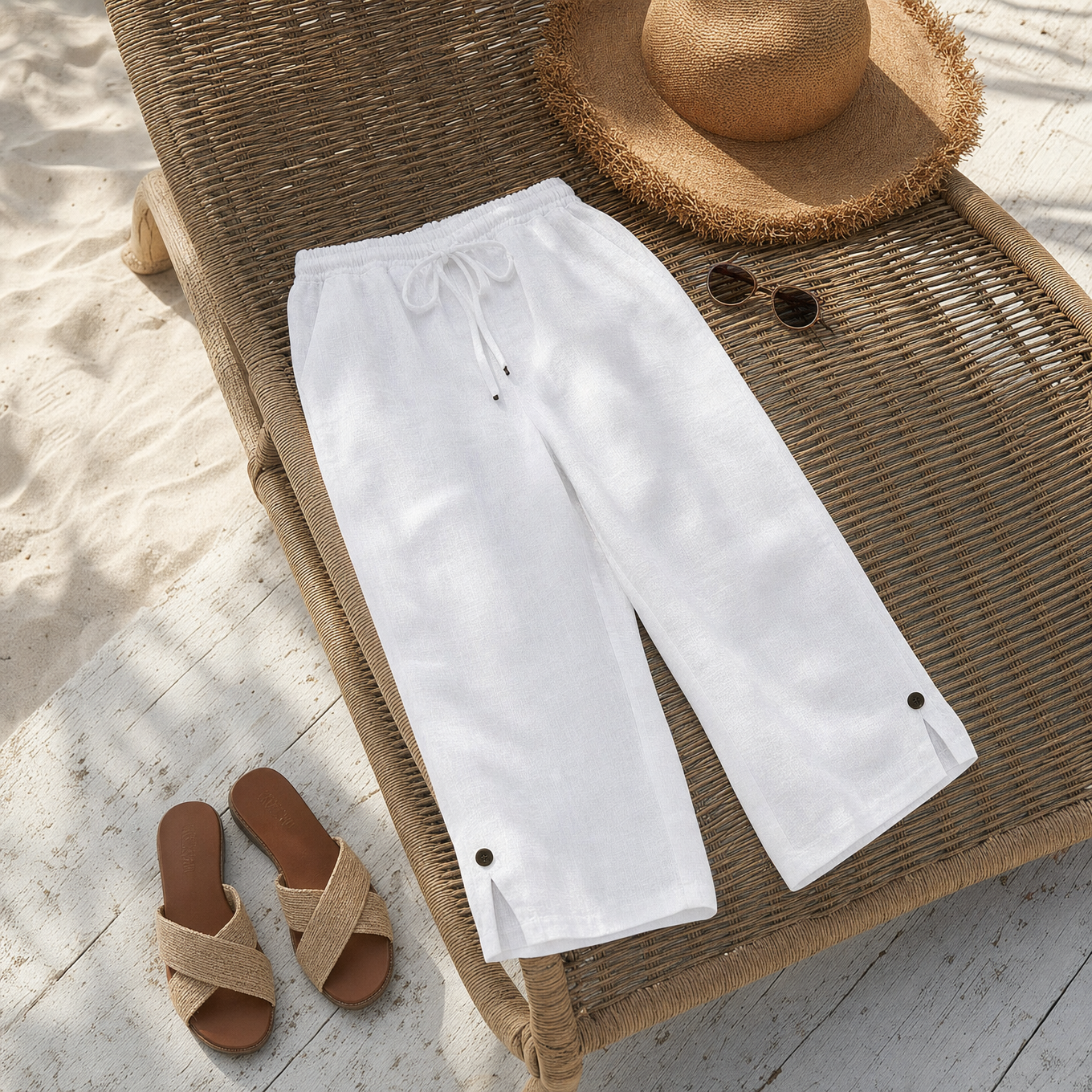 Lyriva – Women's Capri Pants with Drawstring Waist, Pockets and Button-Slit Hem